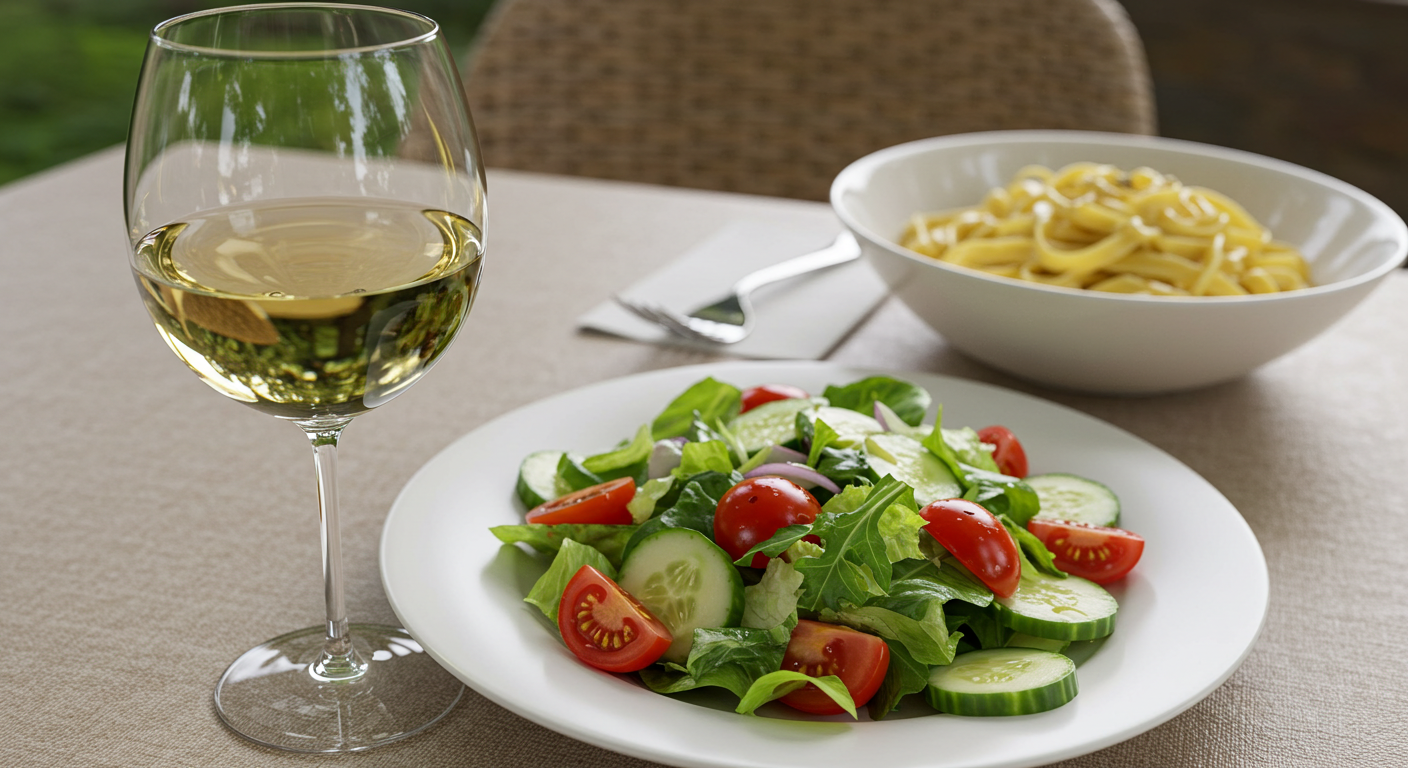 白ワインとサラダとパスタ